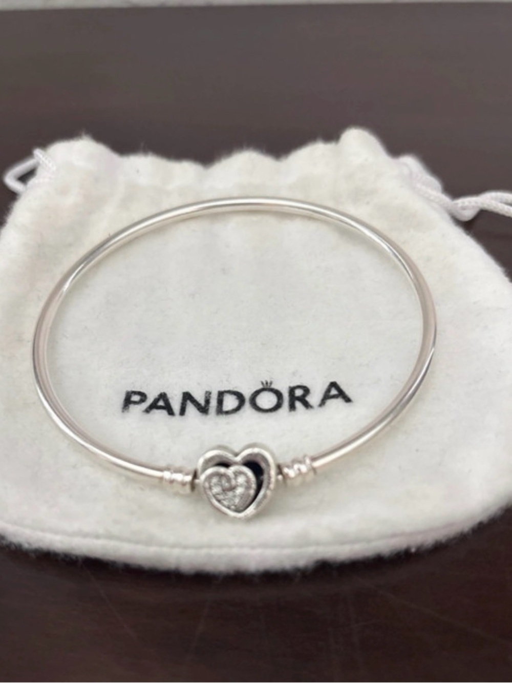Pandora Silver Heart Bangle Bracelet with Pavé Heart Charm - Silver - Picture 2 of 3